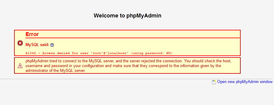 phpMyAdmin은 자동 비밀번호 입력을 사용하므로 오류와 함께 (비밀번호 사용 : NO)